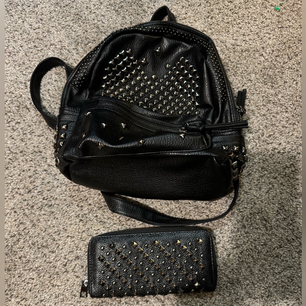 Leather Studded Mini Backpack and Matching Wallet